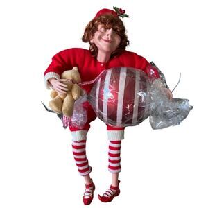 Vintage Rare Christmas Sitting Porcelain Shelf Elf with Bear & Candy Collectible